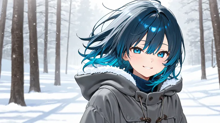   masterpiece,  Top Quality,  high resolution， anime style、 On screen 、  extremely detailed、  detailed down to the smallest details 、1 girl, medium hair、 Outside Dark Grey Inside Blue Hair Color、 standing、 above the knee、Hair fluttering in the breeze、smile...