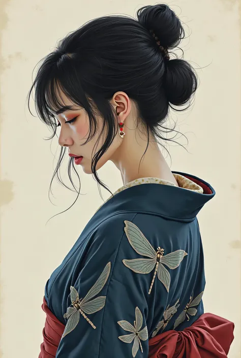 ((Highest quality)), ((masterpiece)), (detailed),One woman, Woman in yukata、Painful face、Back view、Portrait、The yukata pattern is a dragonfly、The type of yukata is Arimatsu Shibori