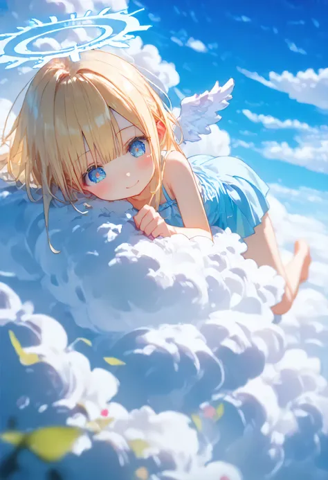 
score_9, score_8_up  , score_7_up  , score_6_up  , score_5_up  , score_4_up  , masterpiece, best quality, source_anime,delicate illustration,
alone,cute 1girl,(loli),blonde hair,straight long hair,blunt bangs  ,輝く glowing halo,blue eyes,blush, smile,(Ange...