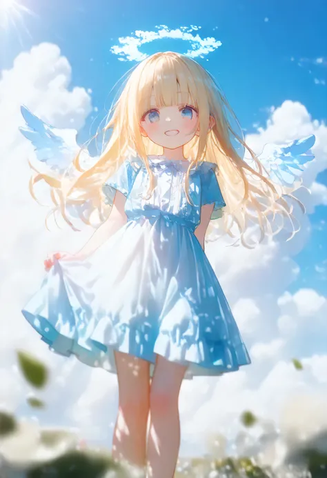 
score_9, score_8_up  , score_7_up  , score_6_up  , score_5_up  , score_4_up  , masterpiece, best quality, source_anime,delicate illustration,
alone,cute 1girl,(loli),blonde hair,straight long hair,blunt bangs  ,輝く glowing halo,blue eyes,blush, smile,(Ange...