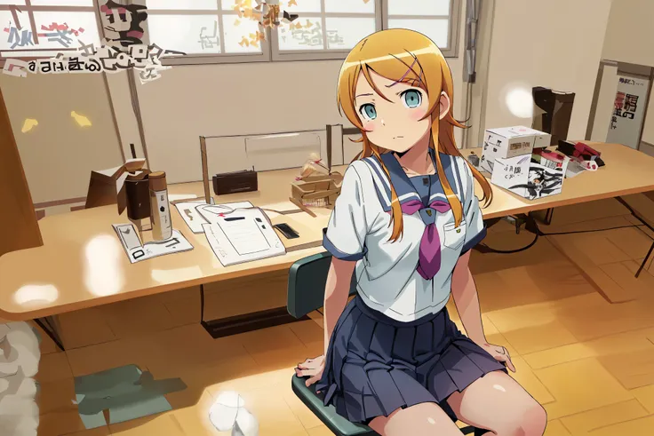 Kirino Takasaka,aakirino , long hair, hairclip, school uniform, grey sailor collar, purple neckerchief, white shirt, short sleeves, pleated skirt, grey skirt