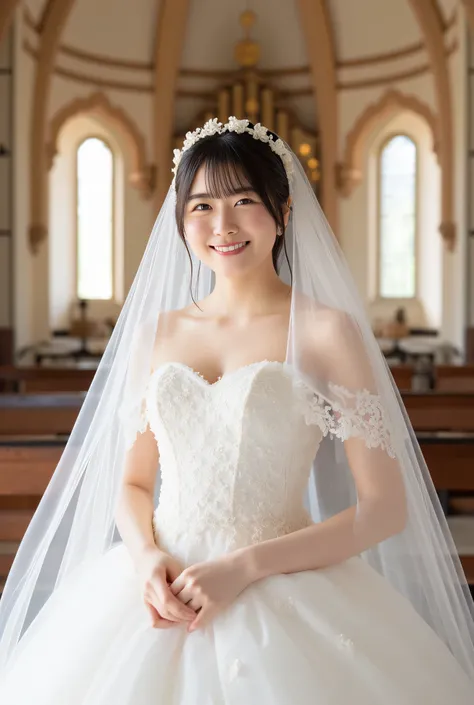 (8k、RAW photo、TOP QUALITY、 masterpiece:1.2)、(realistic、realistic)、1 girl、(( off-the-shoulder wedding dress、White Veil、Chapel、front view、smile、Look at the camera and smile、stand))、cute、 small breasts