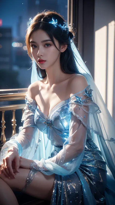 8K, UHD, masterpiece, detailed illustration, HDR, 1 girl, ((white skin)), good face, detailed eyes, detailed eyelid, ((long hair)) blue hair, realistic girl, beautiful detailed beauty, (((blue mesh lace clothing))), ((detailed jwellery)), ((ornaments)), ((...