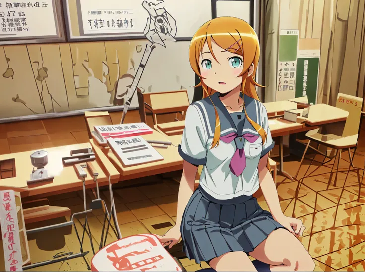 Kirino Takasaka,aakirino , long hair, hairclip, school uniform, grey sailor collar, purple neckerchief, white shirt, short sleeves, pleated skirt, grey skirt