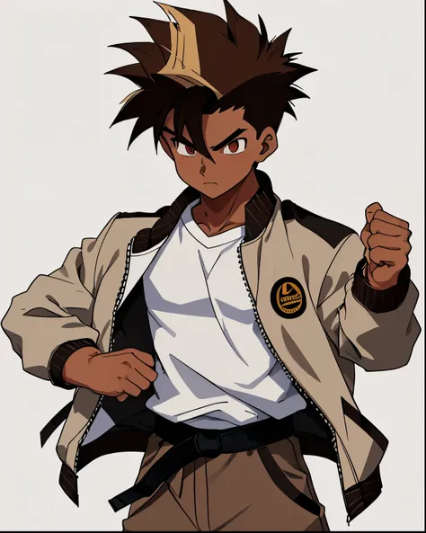 An 18-year-old boy , medium-light dark skin,  spiked hair, dark brown hair, white shirt,  brown jacket , black taekwondo pants