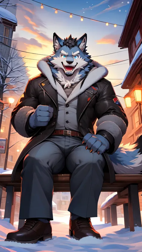 gray wolf beastman, wolffurry, high image quality, dynamic low angle,  looking at left side, dynamic composition, 4k, deformed pattern, male, solo, kemono, 5 fingers, fluffy, fluffy tail, ((gray and white fur)), blue eyes, coat, sit down a bench, afternoon...