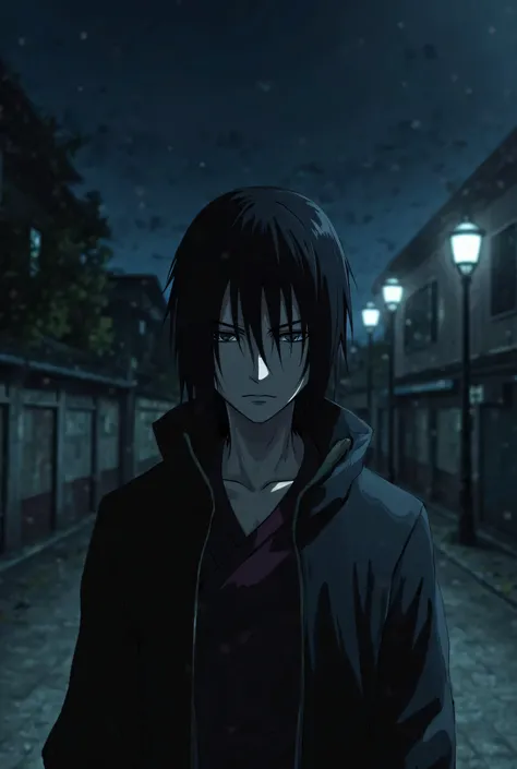 Itachi Uchiha standing on a dark street at night with both eyes still closed. His head is slightly lowered, and the background is filled with dim streetlights and shadows. The atmosphere is mysterious and dramatic. The image is in manga style with sharp de...