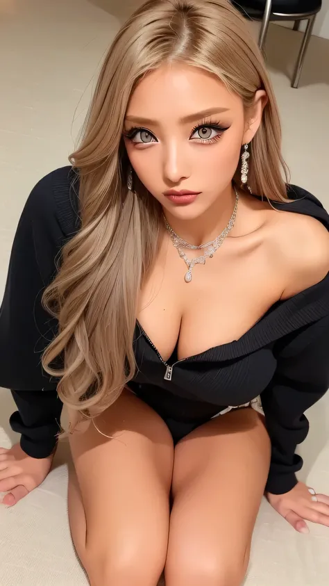 (    cowboy shooting、      Top Quality 、8k、     Award-winning work     、       Ultra-fine )、      beautiful woman under hoodie、(     The black sweater that was a big hit      ,    sexy cleavage  :1.1)、  perfect  big breasts  、( blonde alone      :1.1)、    ...