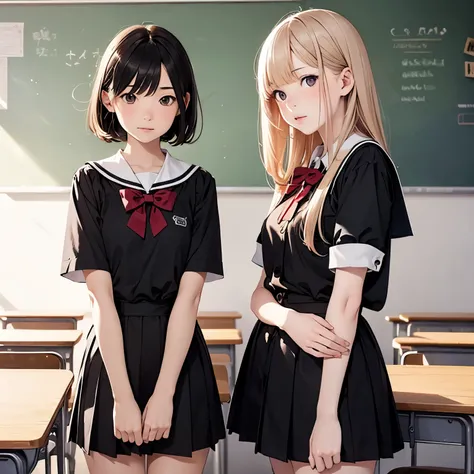 masterpiece,2girl ,petites,pale skin,realistic,Age 15,bangs,school unifrom,small breasts,classroom、