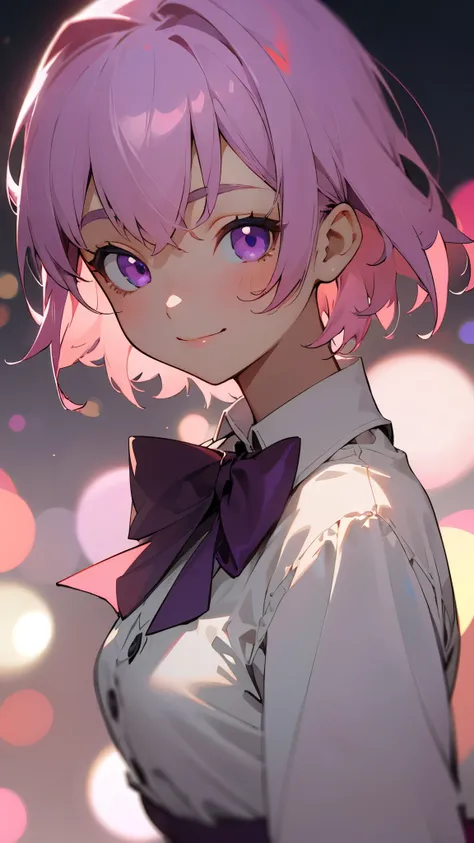  one girl、solo、masterpiece、TOP QUALITY、short hair、 pink hair、 purple eyes、smile、upper body closeup、 bow tie、white shirt、night、Bokeh、Outdoors