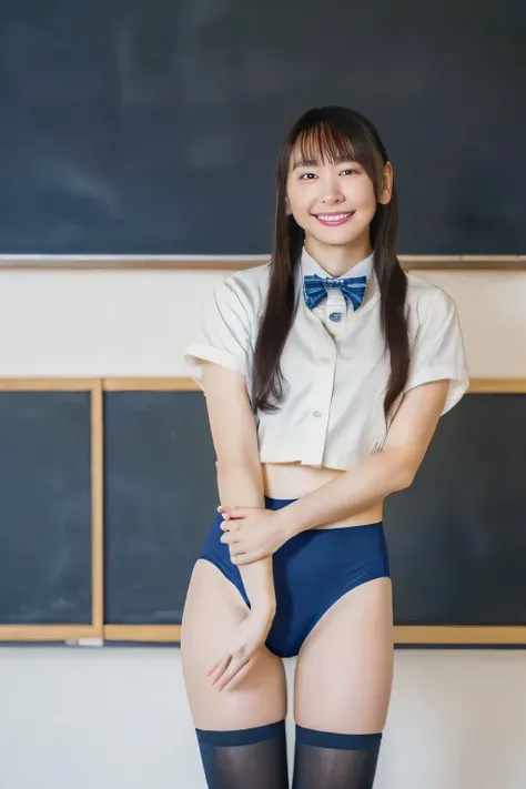 (_ NMKD - Super Scale _150000_G),(8k, super high quality,TOP QUALITY),( masterpiece:1.5),(cowboy shot)  standing in front of a blackboard in a school classroom, ( bow tie,  sailor suit,  navy blue sports panties, Dark blue knee-high socks), smile,  Beautif...