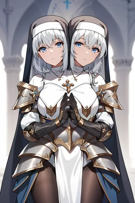 2heads, twoheads, a tall thin woman with 2 heads, white hair, blue eyes, shoulder armor, arms armor, leg armor, black pantyhose, body armor, white clothes, nun, warrior, front shots, upper body