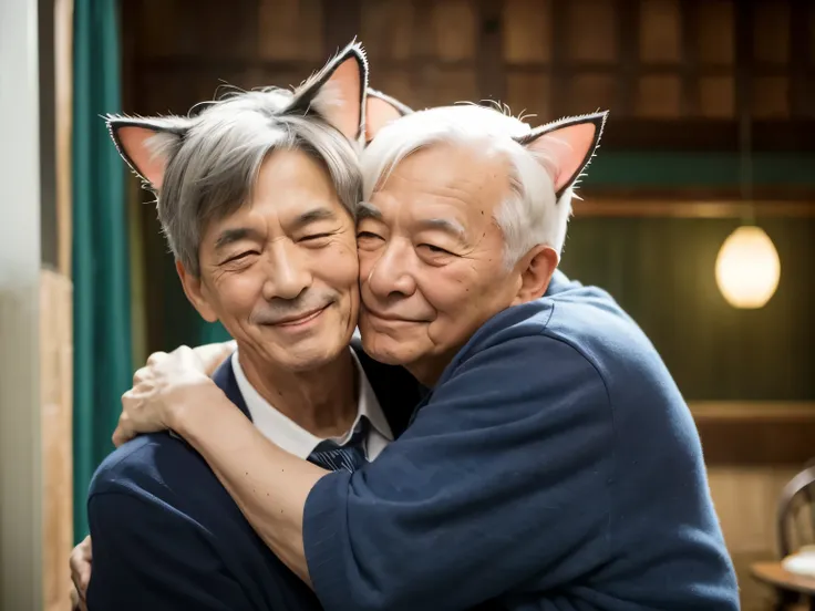 Two old men with cat ears are hugging。