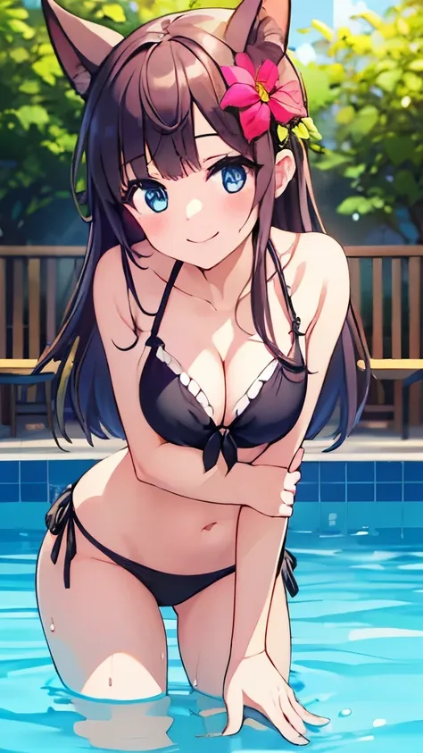 ((masterpiece)), ((best quality)), (ultra-detailed), pool, a cute girl, 1girl, solo, ((beautiful eyes)), smile, bikini00,
