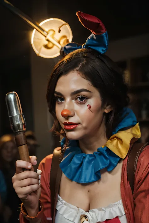 female clown holding hammer in her left hand and mace in her right hand