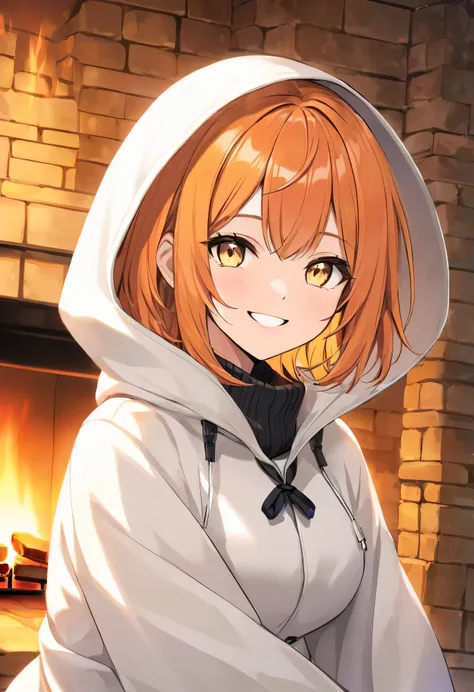 adult woman,  short orange hair and yellow eyes 、Smile、face、I'm wearing a white coat with a hood、fireplace background 