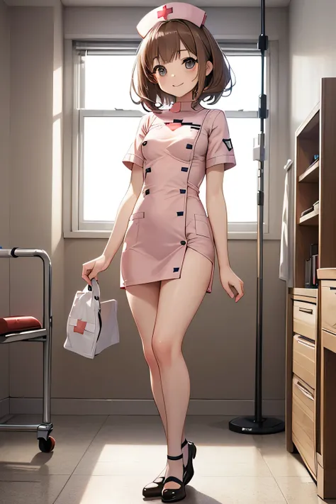 high quality,((((Petite:1.5)))),(standing:1.5),,(voluminous brown hair:1.2),glad smile,(verysmall breasts:1.5),(nurse:1.5),,Health room,face shot,
