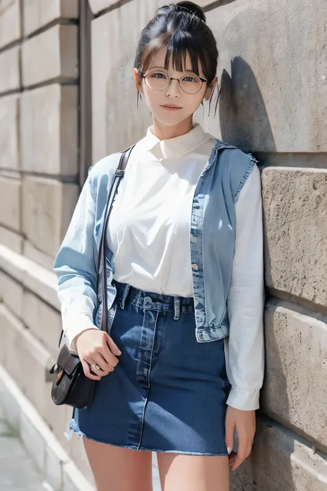 full body、Glasses、denim skirt、low ponytail、bangs、WhiteＴ shirt、SMALLE BREASTS、 No Background 