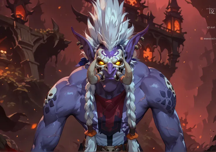 Trolls
large pointed ears, large nose, fangs
tusks, male troll,  toned body,, dark  purple skin, white hair, (big high mohawk hairstyle with thick braids overshoulder:1.3), skeleton tattos,  ((very dark purple skin:1.1)) (dark purple skin:1.1) big tusks, r...