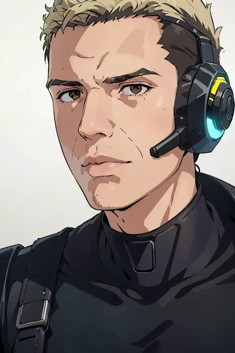 um close de um homem,  Cyberpunk, herói  Cyberpunk,  brown eyes,  male cyborg  , in the style of Apex Legends, , an old biopunk cyborg,  cybernetic armor  , em  Cyberpunk 2077,  cyber suit,  cybernetic armor  , Sigma de Overwatch, Classification of a jet ,...