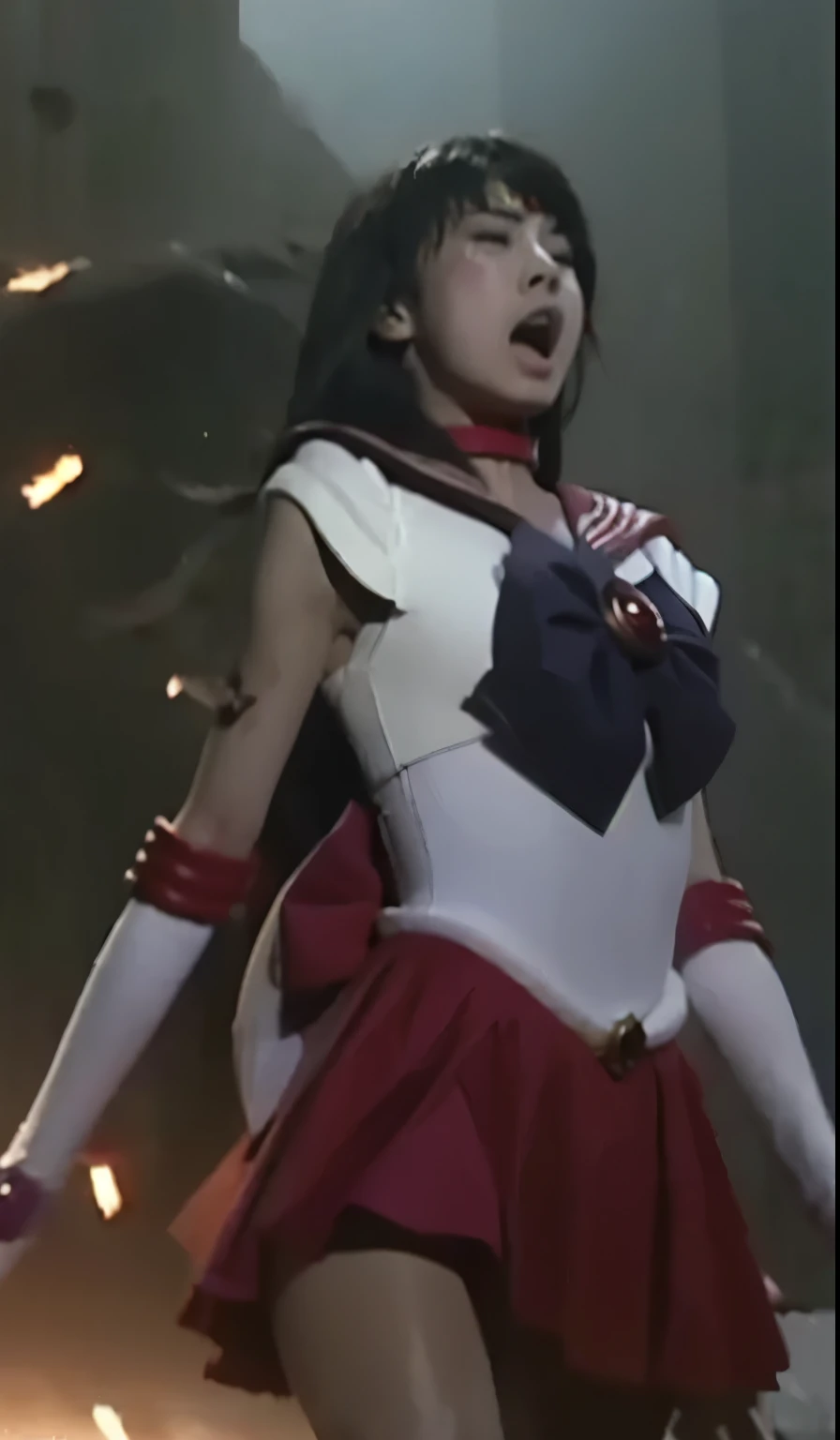    Sailor Mars,    attacked and blown away by a dark aura   ,   with a bent back  , explosion, エネルギー弾が   Sailor Marsに直撃してexplosionしている, upright,   standing,  Torn服 ,    Clothes are torn、 chest and boobs are visible   , nsfw,  Torn, Mud and blood stains    ...