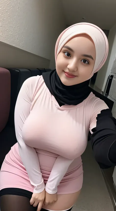 4k,(( hijab pink)), collossal ,, super cute face, focus whole body, stocking pink, perfect body, ((cute stocking pink)), chubby face, thick thight, SQUESHING , short mini dress, long hijab,(( selfie)), beautifull eyes, thin long-sleeved shirt, pervert mout...