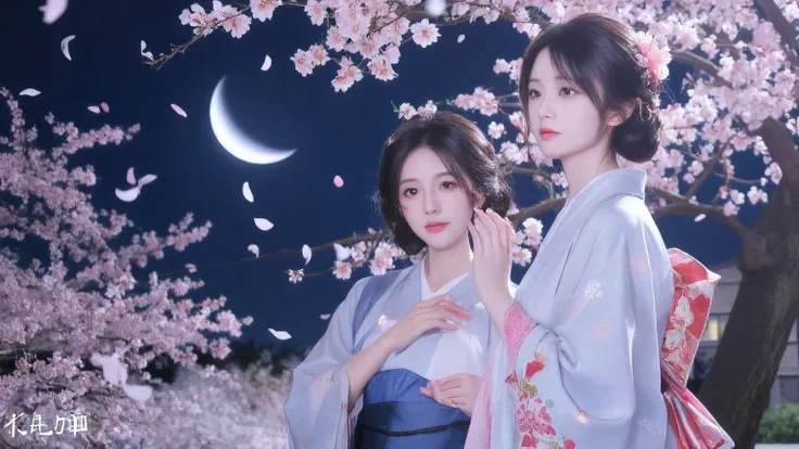 Cherry blossoms at night, the moon, and Japanese women