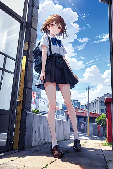  absurd, high resolution, ( anime style:1.1), ((masterpiece)), ((TOP QUALITY)), (超high resolution), ( beautiful), solo,  beautiful face、(Lift Up),A cute 、Overlooking the ground from bad scaffolding above a 2000m tall building,wind, light brown hair,  has b...