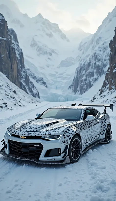 "A Chevrolet Camaro transformed into a snow leopard hybrid. The car’s hood has the shape of a snow leopard’s head with realistic fur texture and markings. The rest of the car has a white and black-spotted pattern, resembling the snow leopard's fur. The set...