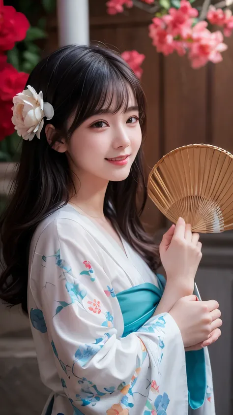 best quality,  delicate face， beautiful visual work , realistic,  eternity, black hair, long curly hair,  unscrewed ,  smile, in a flower garden, flower,  detailed background,   delicate face，Blush rosa，Cold，(( masterpiece))、(top quality)、8k、high detail、 s...