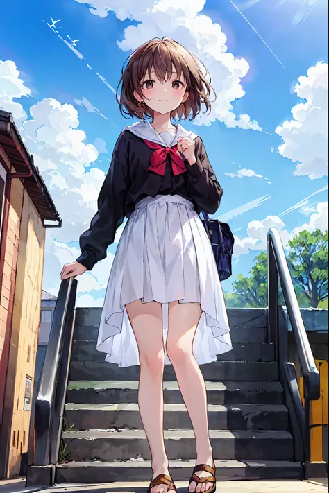  absurd, high resolution, ( anime style:1.1), ((masterpiece)), ((TOP QUALITY)), (超high resolution), ( beautiful), solo,  beautiful face、(Lift Up),A cute 、Overlooking the ground from bad scaffolding above a 2000m tall building,wind, light brown hair,  has b...