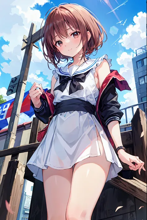  absurd, high resolution, ( anime style:1.1), ((masterpiece)), ((TOP QUALITY)), (超high resolution), ( beautiful), solo,  beautiful face、(Lift Up),A cute 、Overlooking the ground from bad scaffolding above a 2000m tall building,wind, light brown hair,  has b...