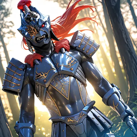 masterpiece, best quality, official art, detailed, realistic, game cg, ultra-detailed, beautiful detailed eyes, very aesthetic, solo, male, shiny skin, (Zamushar), red hair, (pitch black body), white pupils, fangs, uneven eyes, (one-eyed:1.2), chest armor,...