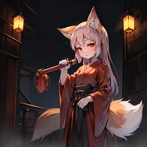 Japanese-style girl with fox ears wearing hakama。The girl is holding a Japanese sword。The background is night。The girl is staring at the front side。There is a cross scar on the girl's face。