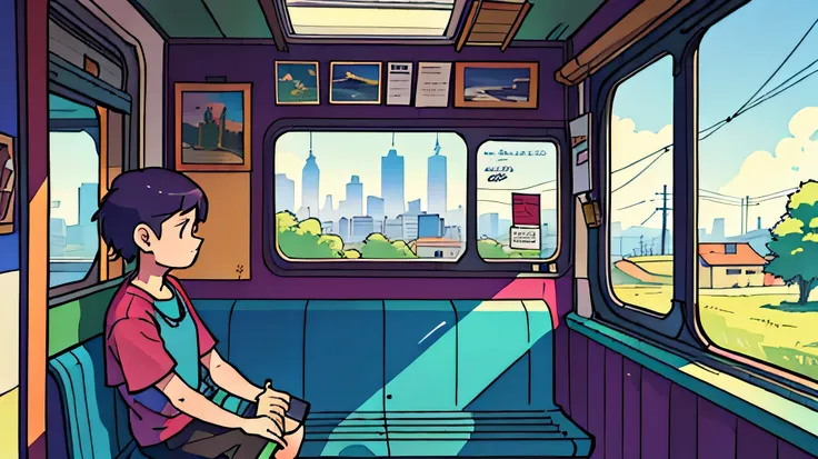 Someone is sitting on a train bench and looking out a window at the landscape passing by, Elogio Artstyle, Arte Lofi, lofi aesthetic, Lofi Sensation, Hip Hop Lofi,  , Retrato Lofi, lo fi, arte lo-fi, vibe, badass vibes , cores , lofi girl aesthetic