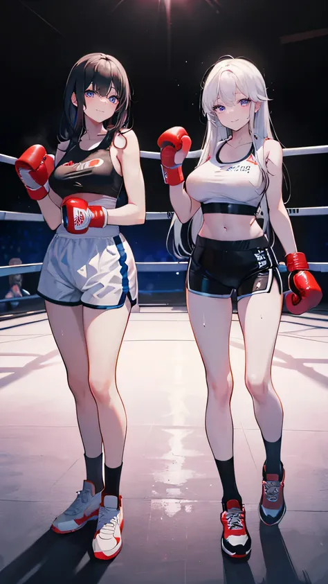 2 girls, high resolution, long hair, big breasts, blue eyes run her, purple eyes,  white hair, black hair, Very long hair,  Masterpiece , best quality,  in detail, High detail, cyberpunk, Boxing ring, shorts, closed topic,  training,  Boxing gloves , sweat...