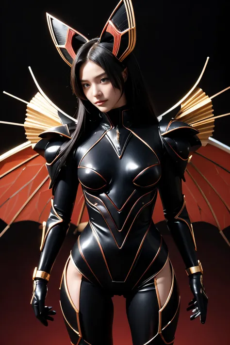 A seductive and charismatic female tokusatsu villainess with a highly realistic cockroach-inspired design. She is a stunning Japanese woman in her late twenties, exuding confidence with a piercing gaze and a wicked smirk.

Her dark brown exoskeleton suit m...