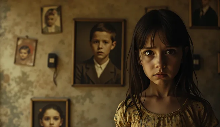 A wall filled with sepia-toned family photos and a solitary, haunting portrait of a young girl with wide, fearful eyes.