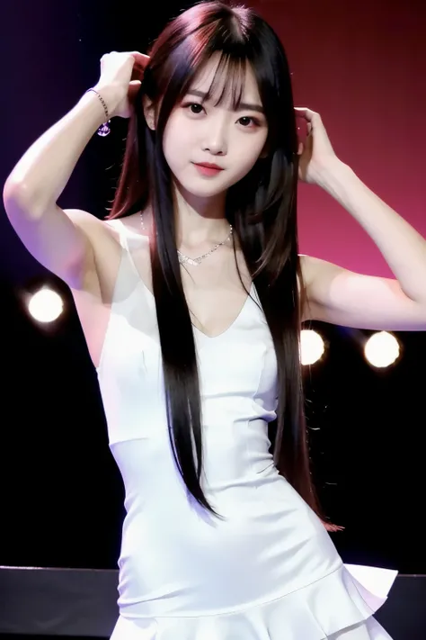  Best Quality and Best Aesthetics  , photos ,( staring at viewers 、It's on its way to the audience:1.2),No smile looking at the camera、I'm wearing a white ruffled sleeveless mini dress,((Super shiny long straight hair))、( (slender))、((( Super Skinny)))