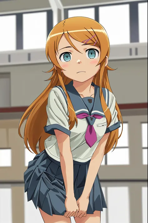 aakirino, long hair, hairclip, school uniform, grey sailor collar, purple neckerchief, white shirt, short sleeves, pleated skirt, grey skirt