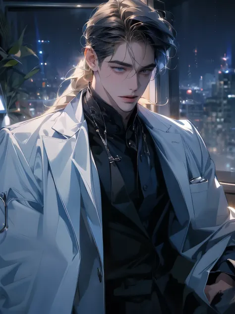 (( Top quality , high resolution, Masterpiece, Anatomically Accurate , High Detail ))Male, doctor, young, mature man, handsome, gentle, calm, wearing glasses, white coat, long hair tied low. evening space, dark blue, light, vet office background, lights.