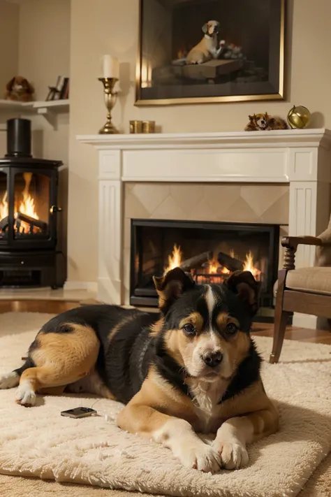 "A cute golden-colored puppy is lying in a leisurely sleep on a fluffy carpet in front of a burning fireplace. A classic-style room with two elegant chairs on either side of the fireplace, as well as warm lighting from a table lamp in the corner. A cozy an...