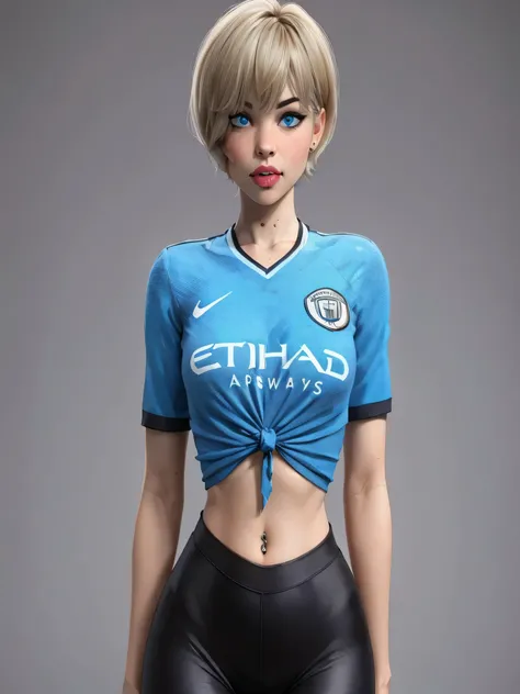 , girl with short blonde Pixie hair, blue eyes, juice lips,wearing a Manchester city shirt,shirt tied at the bottom showing the belly,belly button piercing, and black leggings, bust, sitting, full body, Thick thighs open legs, black leggings