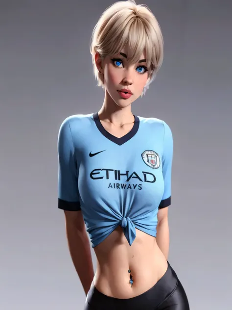 , girl with short blonde Pixie hair, blue eyes, juice lips,wearing a Manchester city shirt,shirt tied at the bottom showing the belly,belly button piercing, and black leggings, bust, sitting, full body, Thick thighs open legs, black leggings