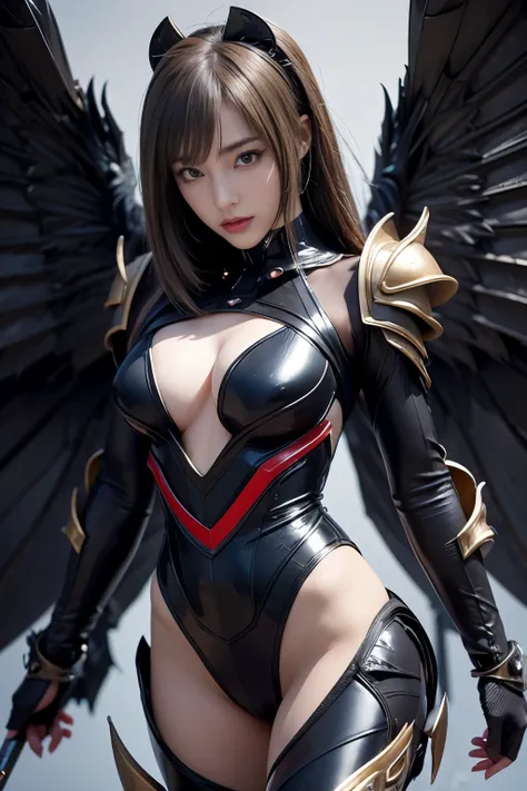 A seductive and charismatic female tokusatsu villainess with a highly realistic cockroach-inspired design. She is a stunning Japanese woman in her late twenties, exuding confidence with a piercing gaze and a wicked smirk.

Her dark brown exoskeleton suit m...