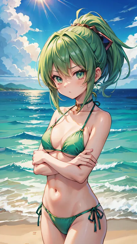 Yu-Gi-Oh!!、ＪＫ、 green hair、ponytail、: 156cm、 c cup、Green Bikini、 cross your arms a little、is embarrassing、、1 person、Ocean Background