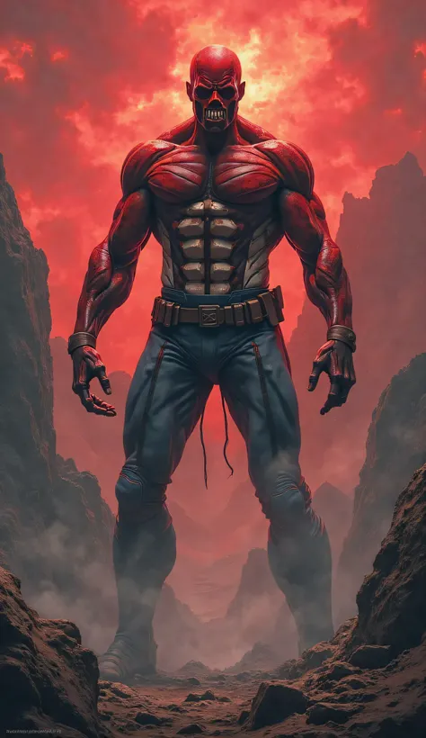 create an hybrid image of Red Skull and caption america ware there body is mixture of both red skull and caption america background rock mountains and red skyin dangerous apperiance