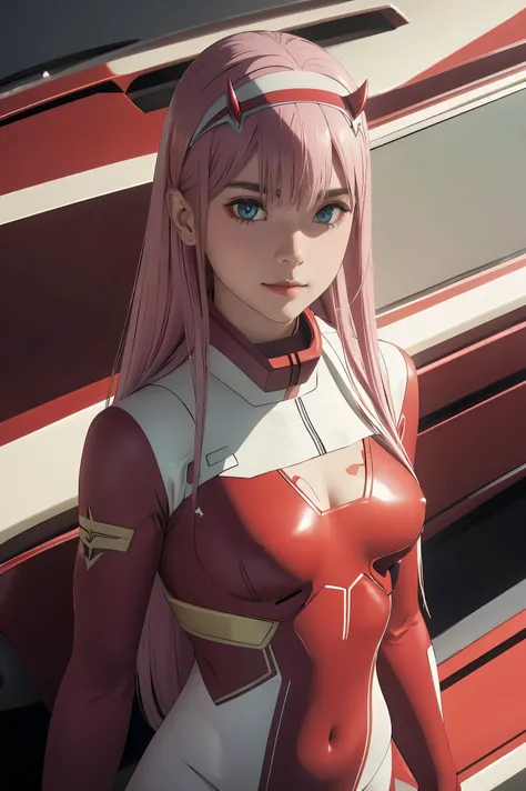 ((best quality)),((highly detailed)),masterpiece,absurdres,detailed face,beautiful face,((detailed eyes, deep eyes)),(1girl),((dynamic pose)), Zero_Two, green eyes, 1girl, solo, red bodysuit, long hair, pilot suit, pink hair, bodysuit, straight hair, hairb...