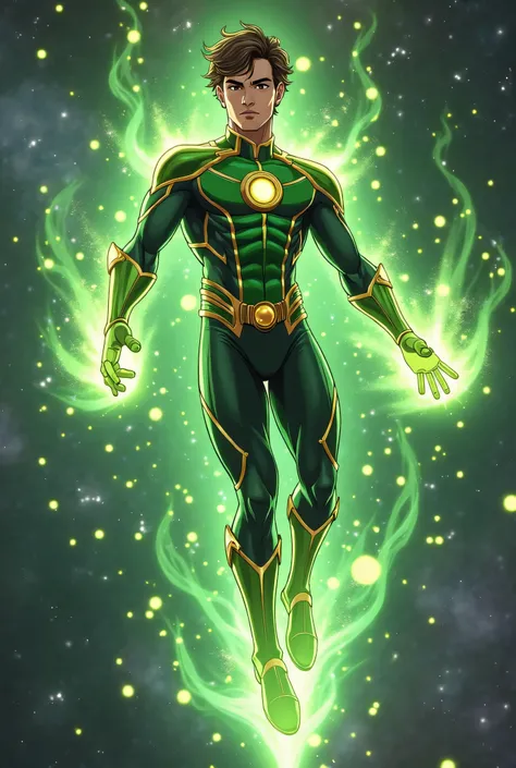 “Action Scene. Full-body. The body is flying in the air gracefully, surrounded by holographic green magic energy with sparkling gold inclusions. A 25-year-old olive-toned white male superhero is wearing a skin-tight green and black outfit with gold metal d...