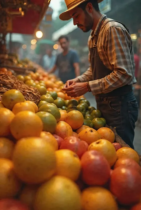 "Uma imagin ultra-realista no estilo point of view (throw), capturando a perspectiva in primeira pessoa de [ fruit vendor  ] in [FRUIT MARKET]. As mãos e parte do corpo do personagin são visíveis, creating the feeling of immersion, as if the viewer were ac...